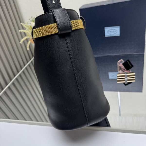 Pra*a buckle leather bucket bag with jeweled belt